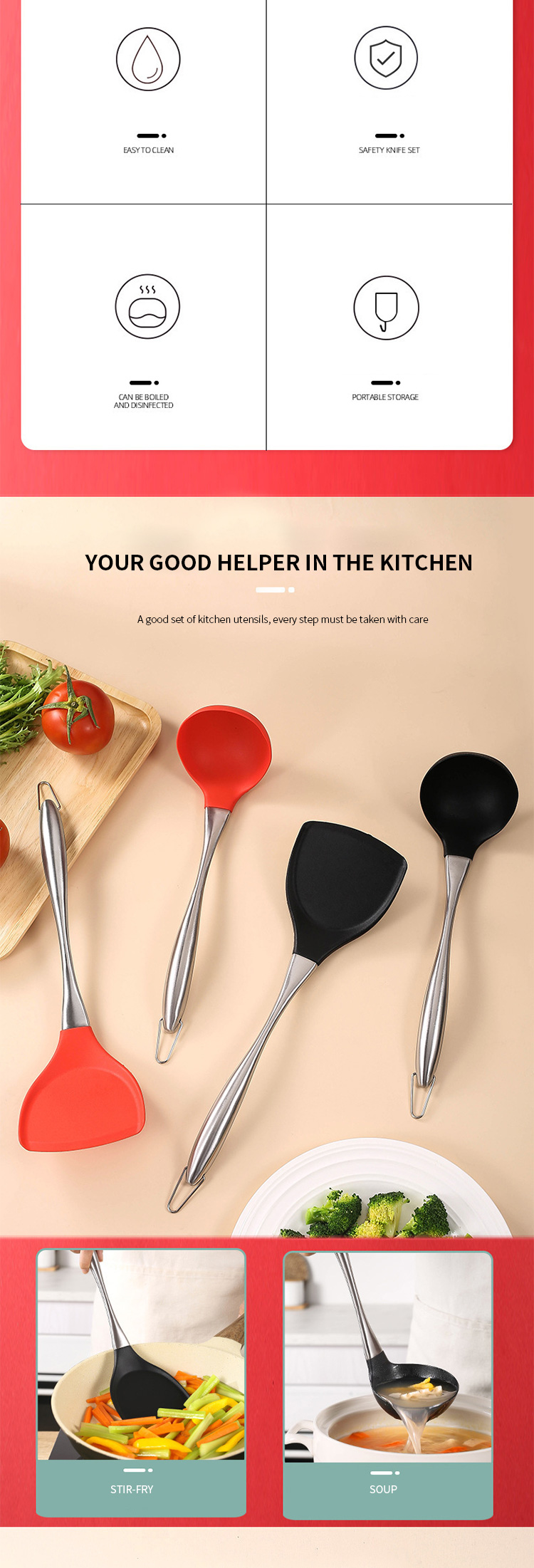 2 Piece Stainless Steel Handle Heat Resistance Innovation Black silicon kitchen tools set With Stainless Steel Core