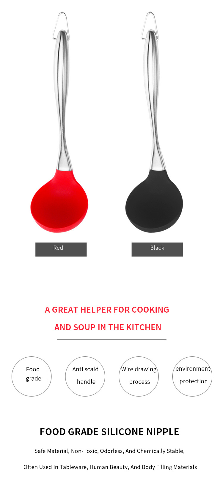 Kitchen Utensils High Quality Custom Silicone Hot Pot Long Handle Food Serving Soup Ladle Spoon