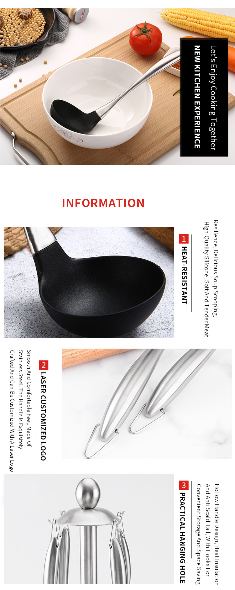 Kitchen Utensils High Quality Custom Silicone Hot Pot Long Handle Food Serving Soup Ladle Spoon