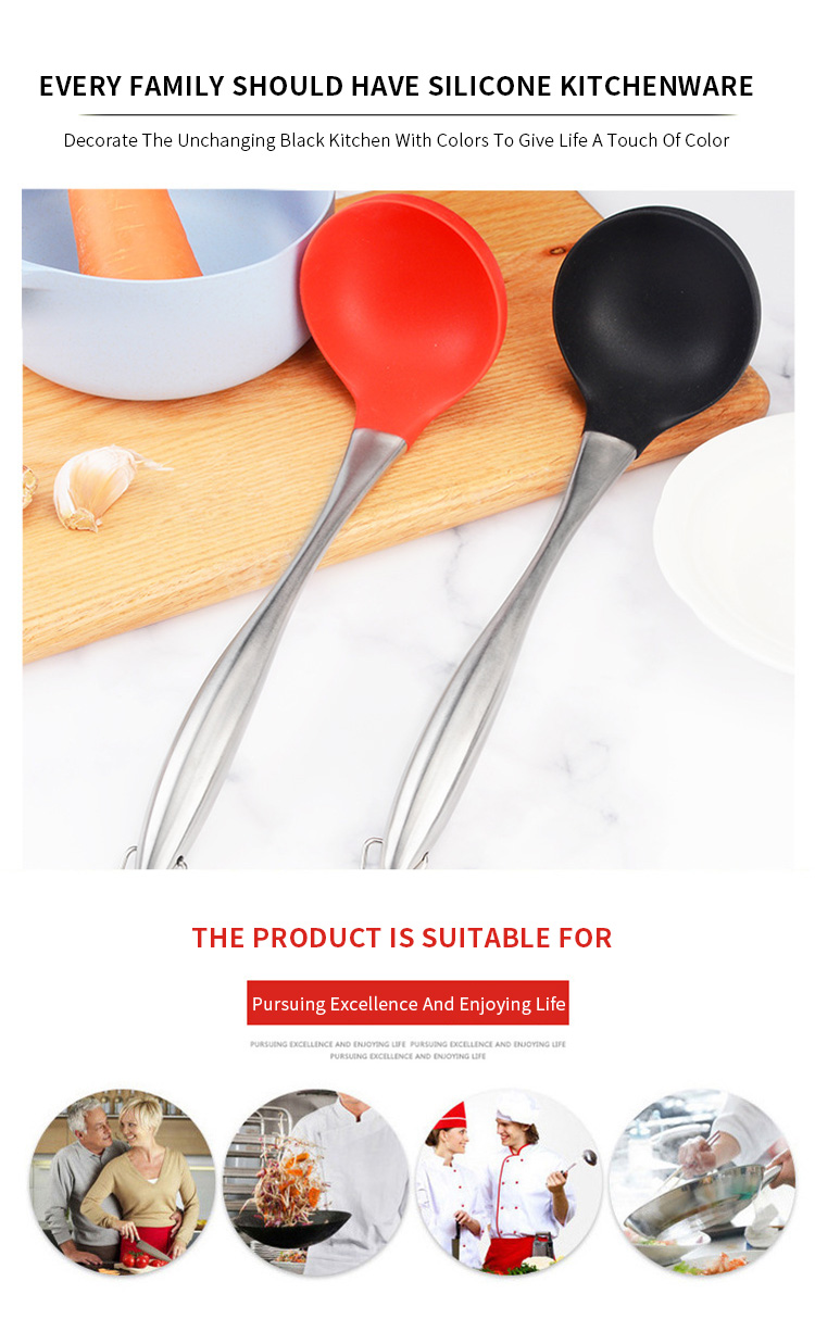 Kitchen Utensils High Quality Custom Silicone Hot Pot Long Handle Food Serving Soup Ladle Spoon