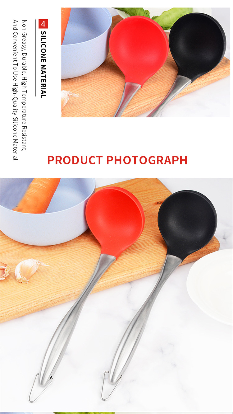 Kitchen Utensils High Quality Custom Silicone Hot Pot Long Handle Food Serving Soup Ladle Spoon