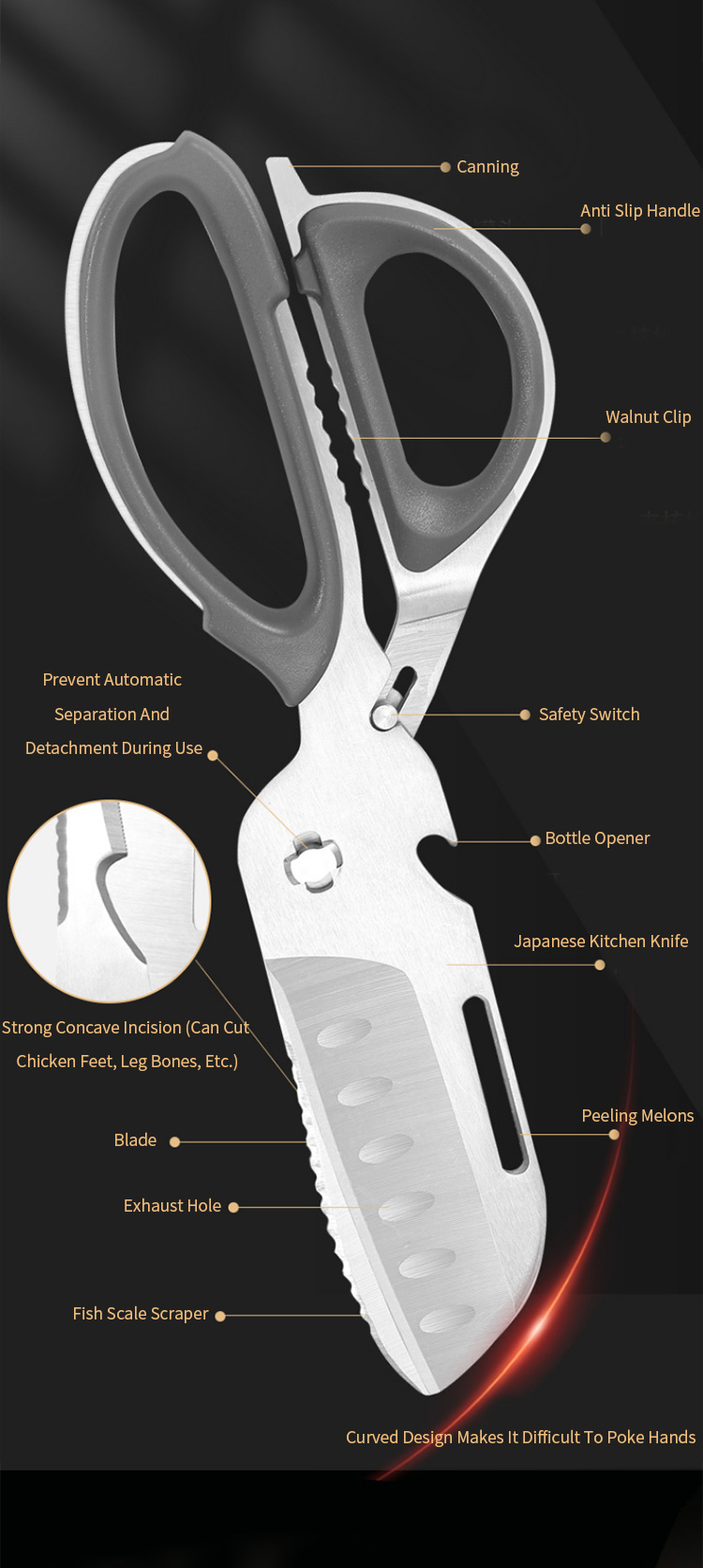 2023 Multifunctional Meat Scissors Stainless Steel Kitchen Shears Chicken Bone Scissor With Nut Cracker