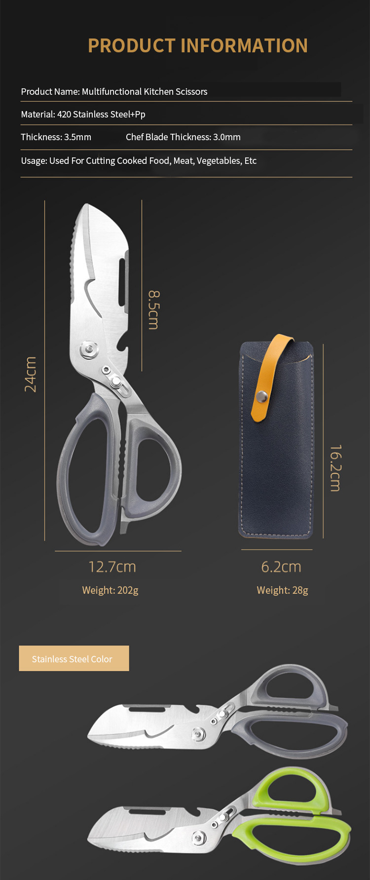 2023 Multifunctional Meat Scissors Stainless Steel Kitchen Shears Chicken Bone Scissor With Nut Cracker