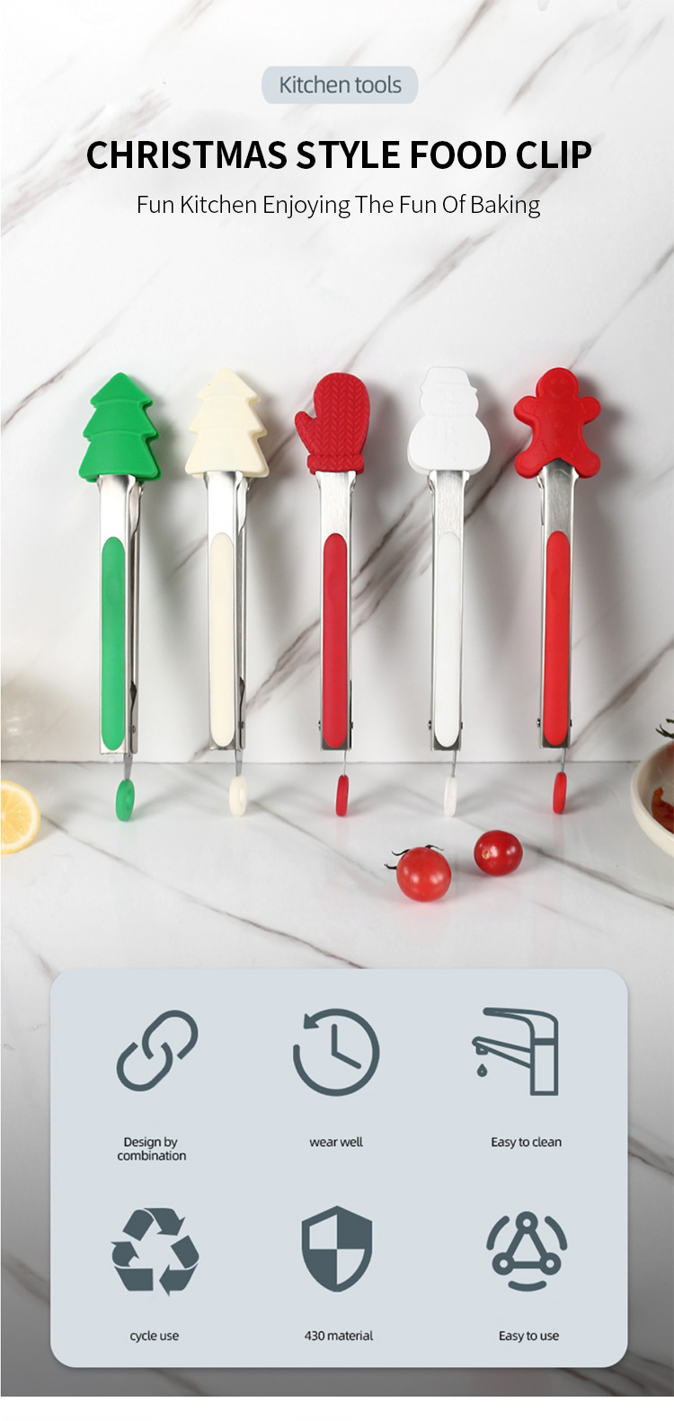 Christmas Food Tongs Kitchen Tongs Stainless Steel Food Clip With Silicone Tips for Cooking Non-Stick Heat Resistant BBQ Grill