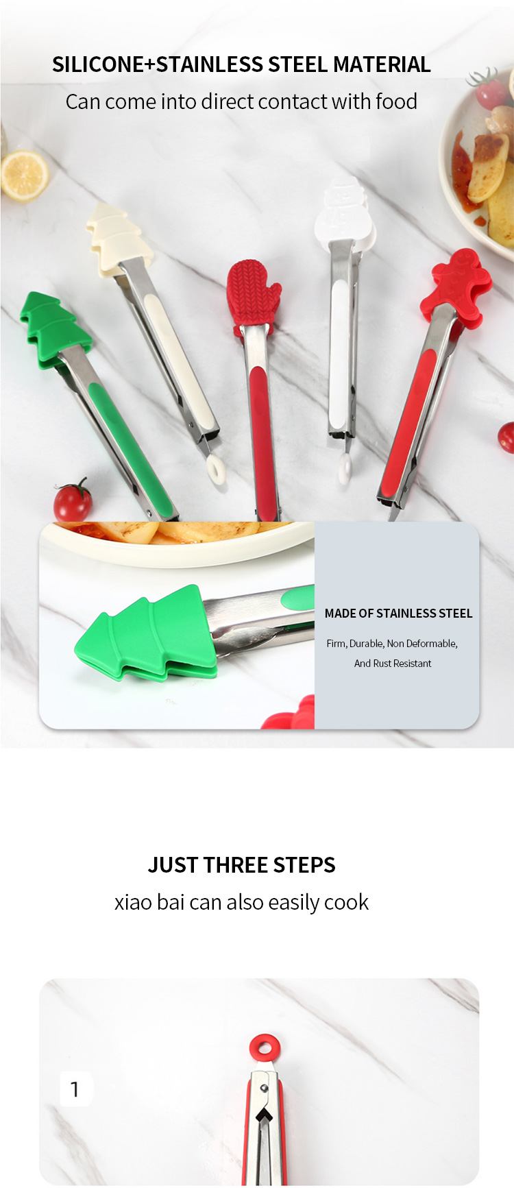 Christmas Food Tongs Kitchen Tongs Stainless Steel Food Clip With Silicone Tips for Cooking Non-Stick Heat Resistant BBQ Grill