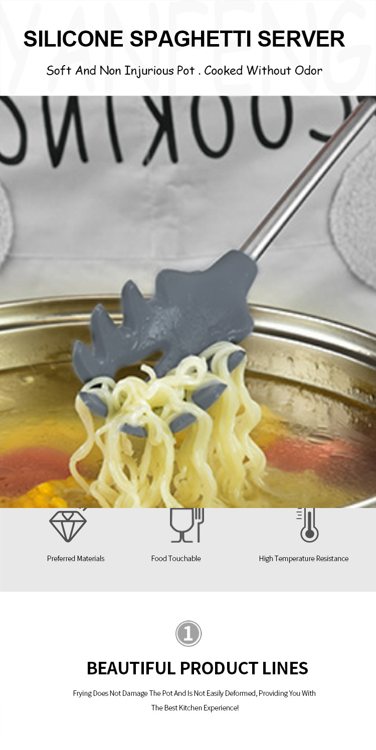 Heat Resistant Silicone Past Fork Spoon Spaghetti Strainer Server Spoon with Stainless steel Handle
