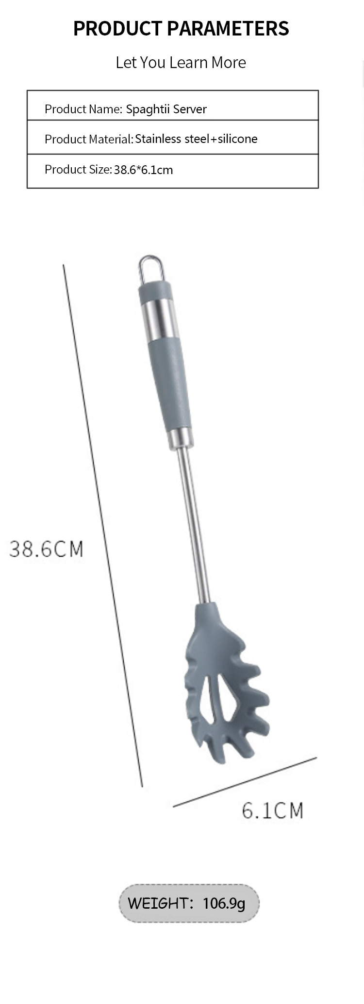 Heat Resistant Silicone Past Fork Spoon Spaghetti Strainer Server Spoon with Stainless steel Handle
