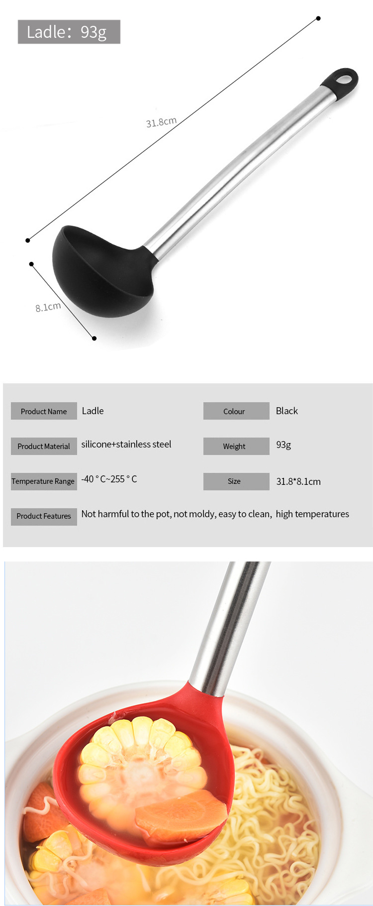 High Quality Heat Resistant Silicone Soup Ladle With Stainless Steel Handle Cooking Tools Kitchen Accessories Set