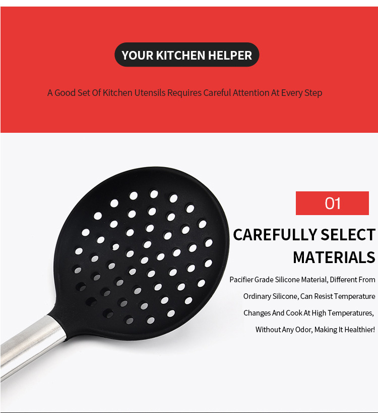 Silicone Slotted Spoon Kitchen accessories Non Stick Cooking Utensils Skimmer with Stainless steel handle