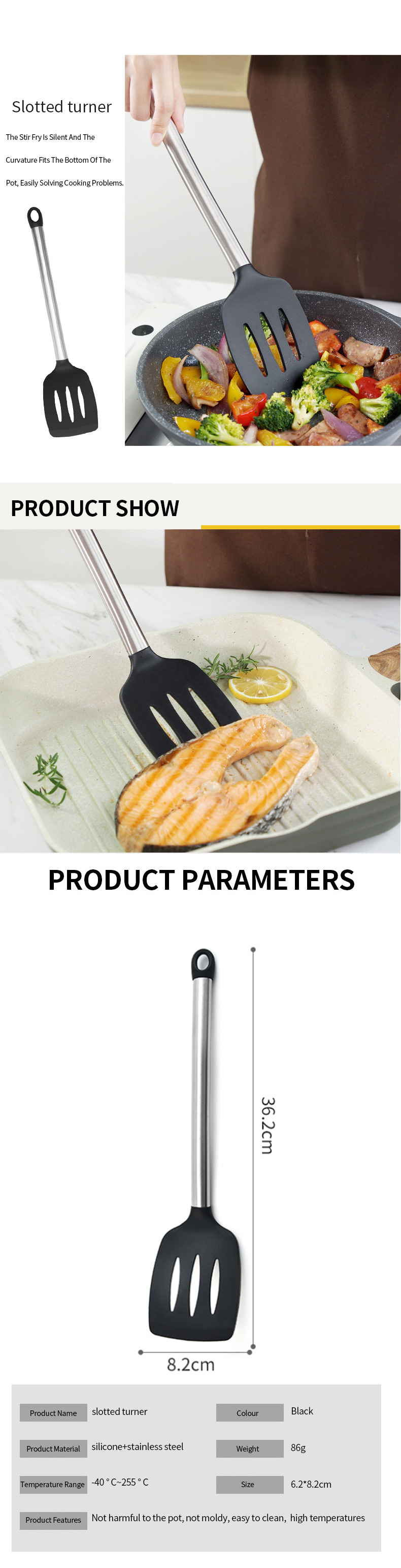 New Fashion Nonstick Turner Food Grade cooking slotted spatula kitchen utensil silicone turner
