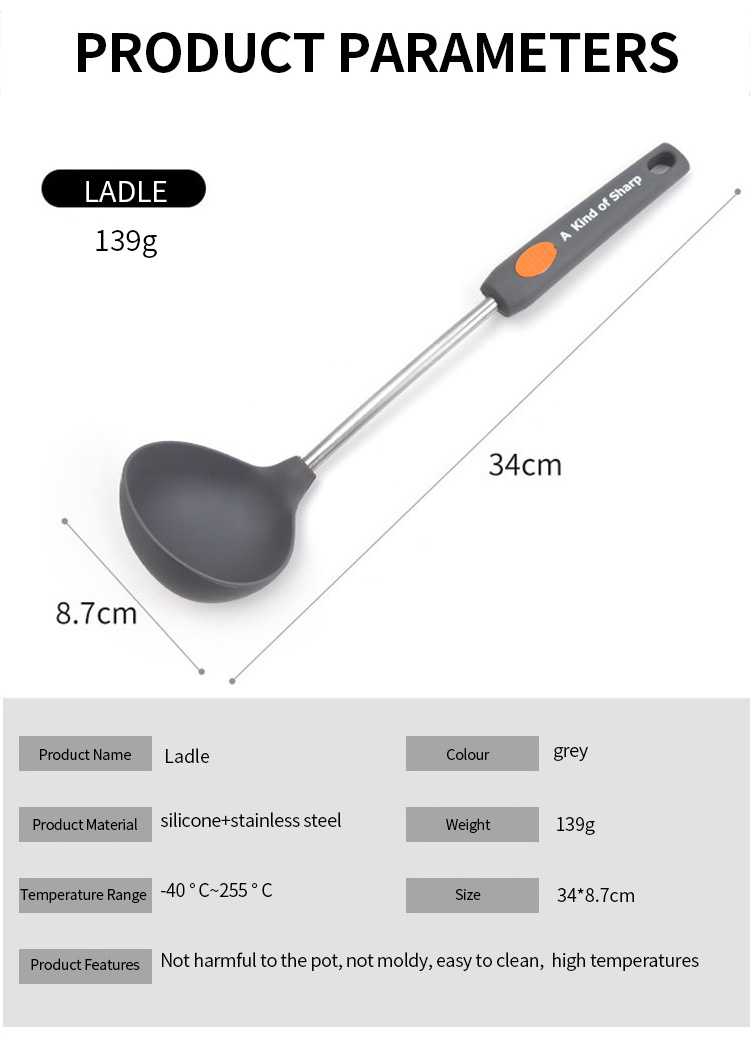 Kitchen Utensils High Quality Custom Silicone stainless steel Handle Food Serving Soup Ladle Spoon