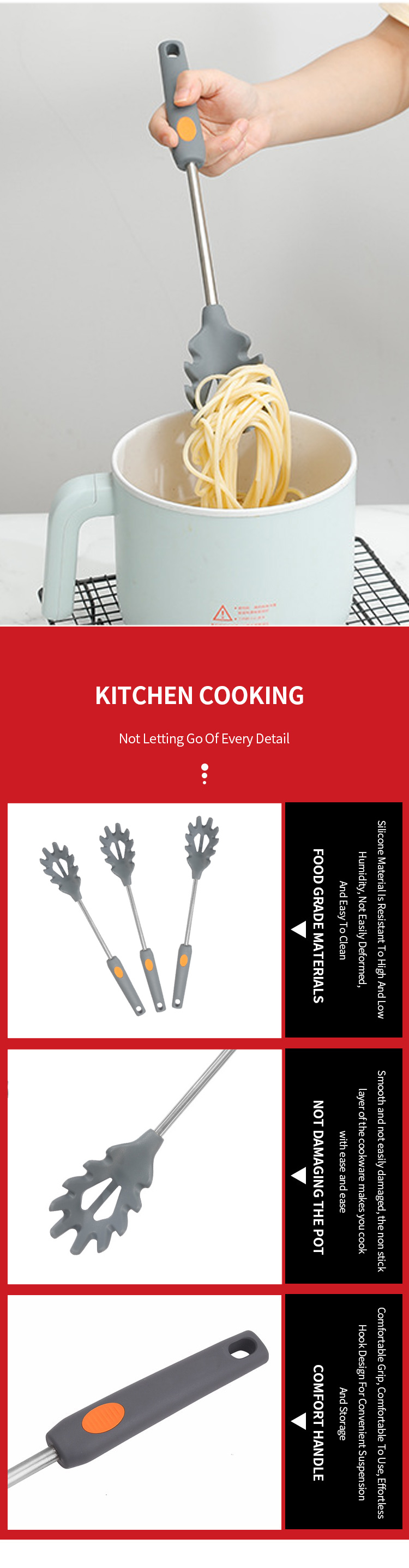Silicone Pasta Server Kitchen Utensil Kitchen Accessories Silicone Stainless Steel Spaghetti Strainer Server Fork Spoon