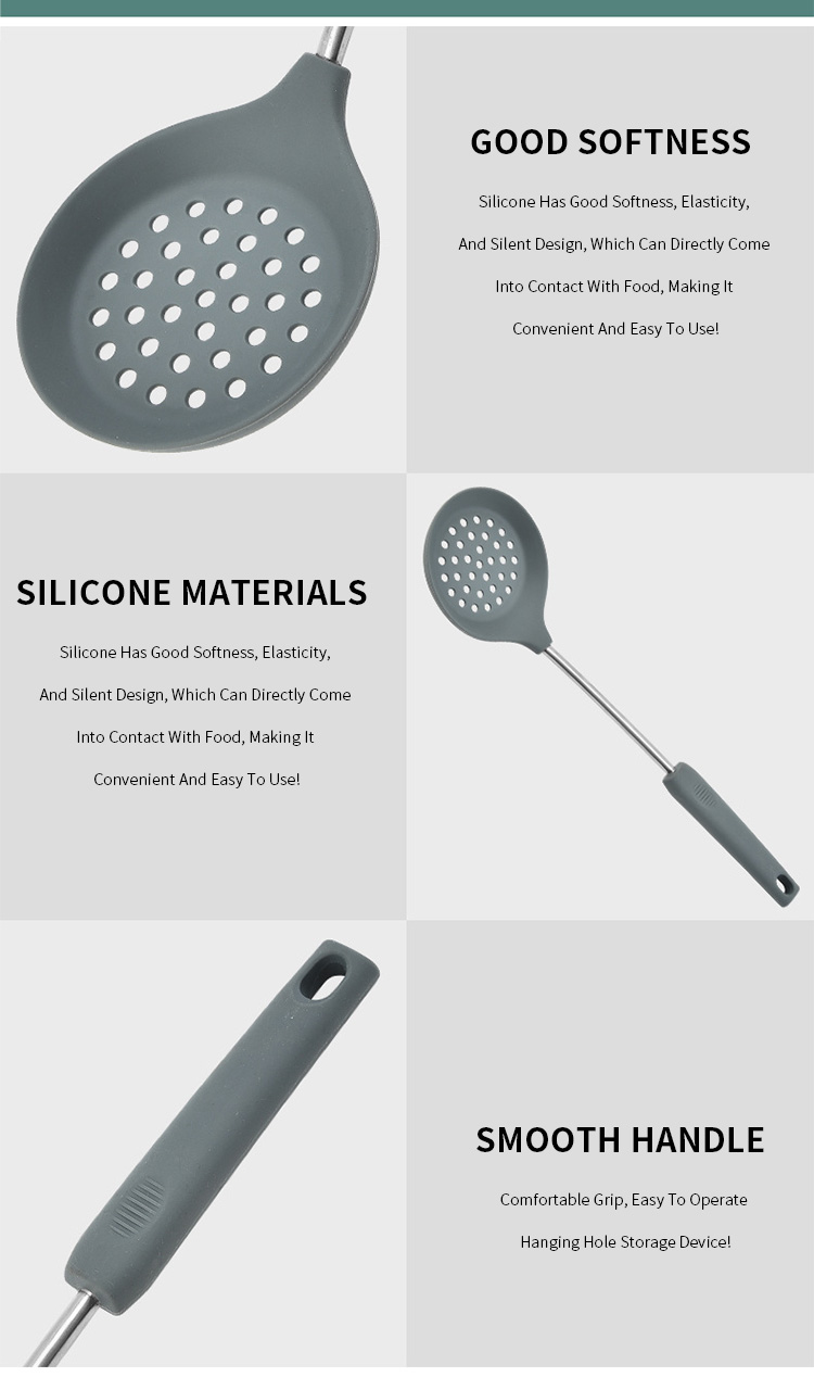 Heat Resistant Kitchen Silicone Slotted Spoon Non Stick Cooking Utensils Skimmer with Stainless steel handle Utensils