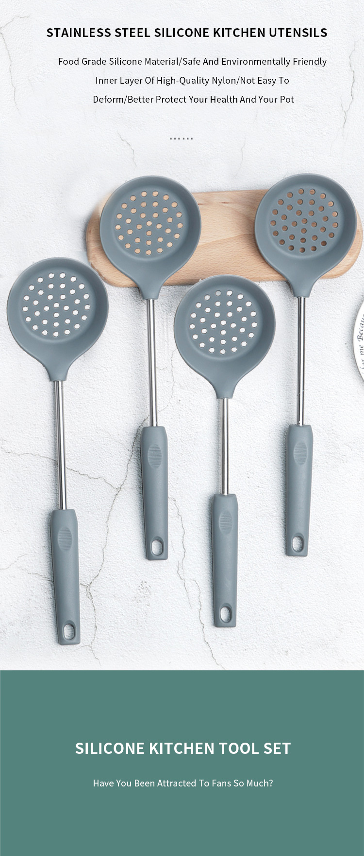 Heat Resistant Kitchen Silicone Slotted Spoon Non Stick Cooking Utensils Skimmer with Stainless steel handle Utensils