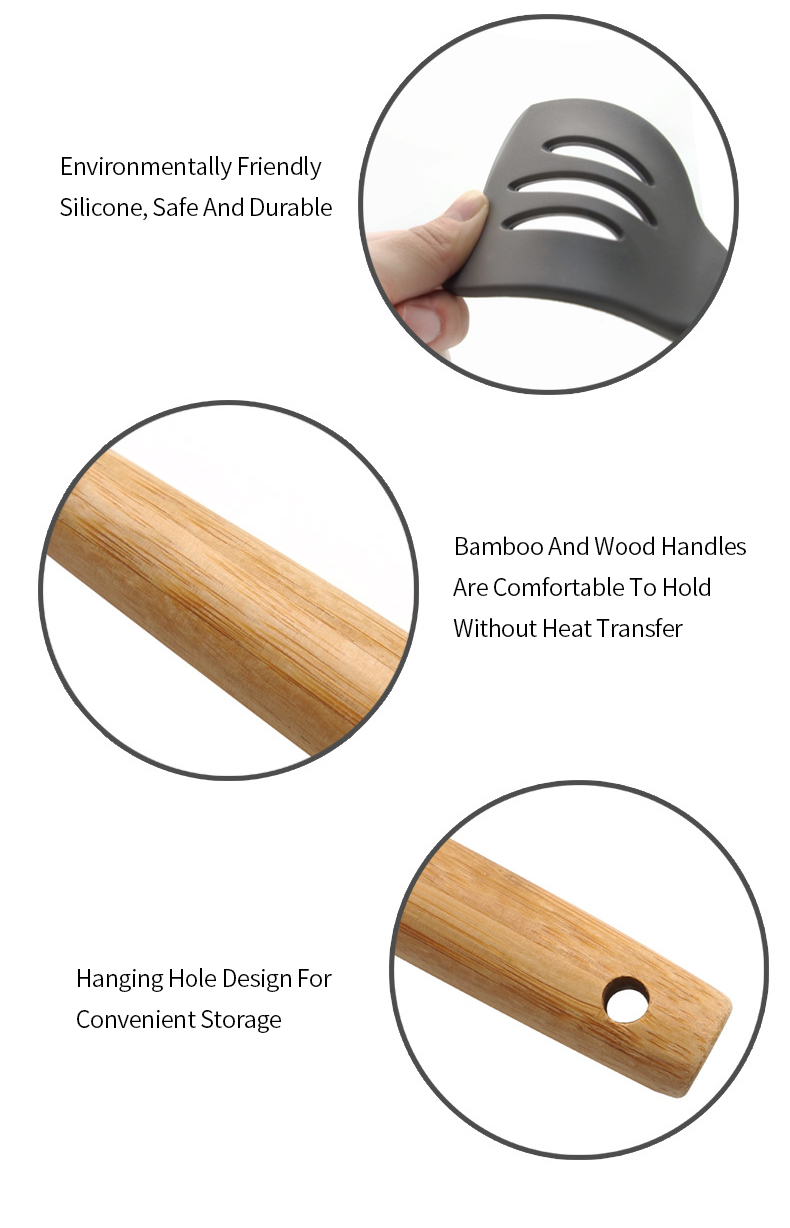 Spaghetti Server Spoon Turner Kitchen Tool Silicone Slotted Turner Spatula with Wood Handle