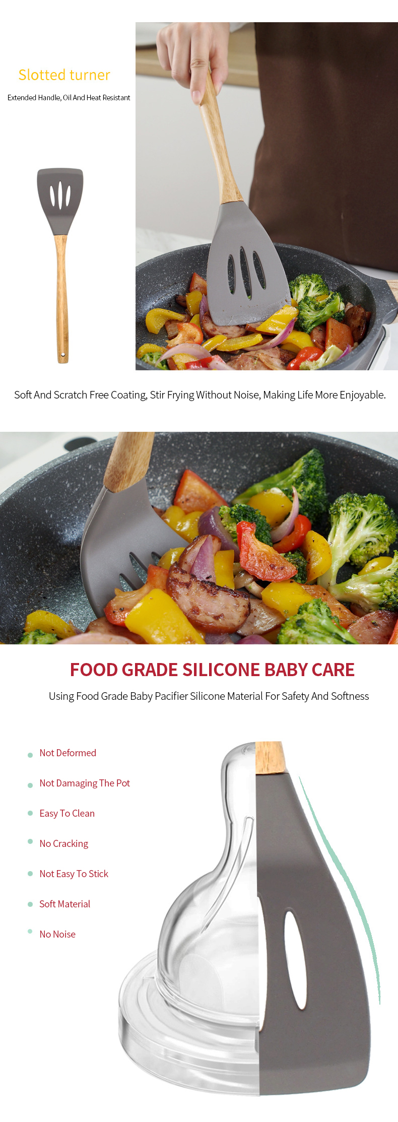 Spaghetti Server Spoon Turner Kitchen Tool Silicone Slotted Turner Spatula with Wood Handle