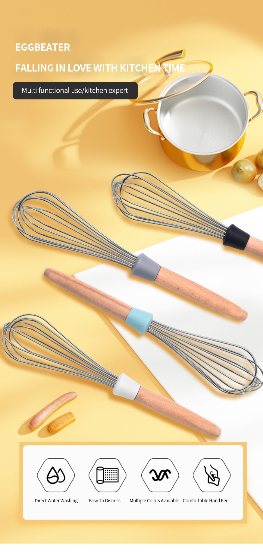 Hot Sell Silicone kitchenware cream whisk tools hand whisk baking beater with wooden handle