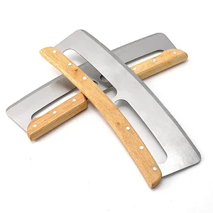 Wood Handle Crescent Chopper Blade Kitchen Accessories Mezzaluna Knife And Pizza Cutter Rocker With Protective Cover