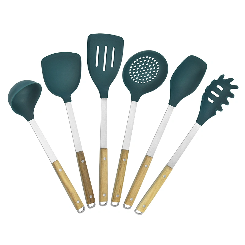 6set wooden handle kitchenware non stick stainless steel kitchen accessories silicone cooking kitchen utensil set