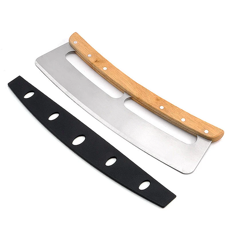 Wood Handle Crescent Chopper Blade Kitchen Accessories Mezzaluna Knife And Pizza Cutter Rocker With Protective Cover