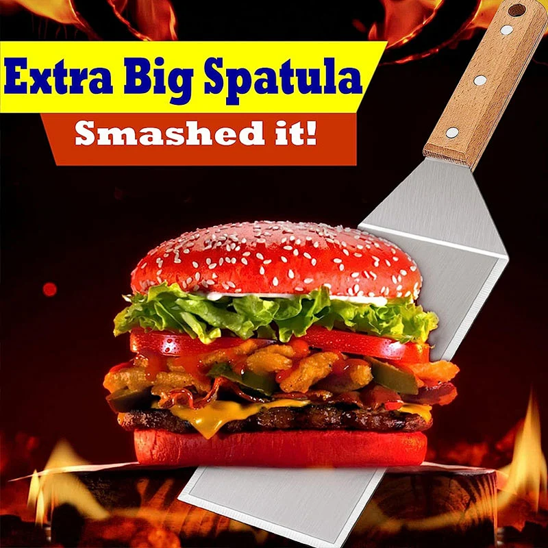 Griddle Accessories Bbq Turner Stainless Steel Flat Wood Handle Camping  Barbecue Grill Griddle Frying Big Burger Spatula