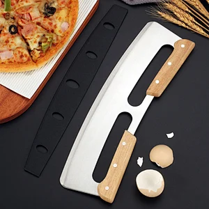 Double Wood Handle Crescent Chopper Blade Cake Tools Stainless Steel Sharp Mezzaluna Knife And Pizza Cutter Rocker