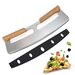 Double Wood Handle Crescent Chopper Blade Cake Tools Stainless Steel Sharp Mezzaluna Knife And Pizza Cutter Rocker