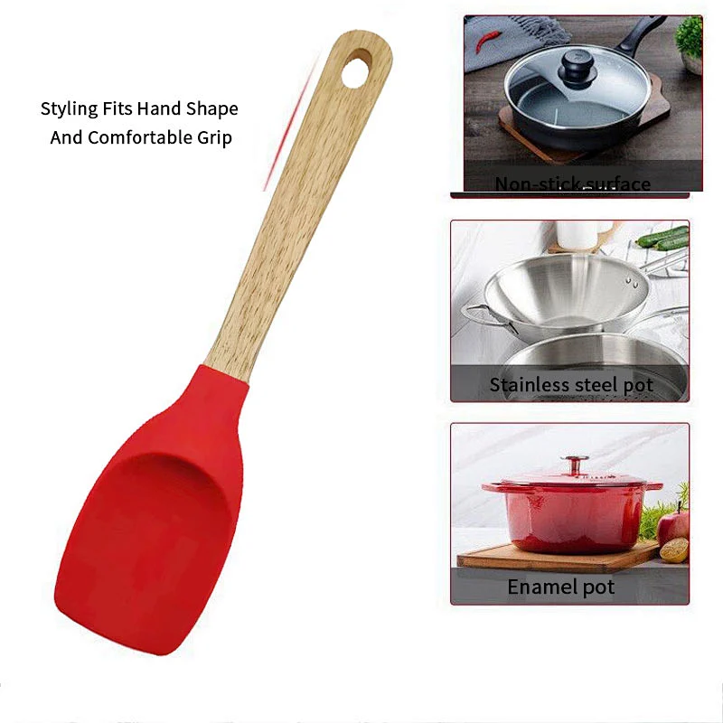 Silicone Spoonula Spatula Spoon Kitchen Tools Wooden Handle Silicone Kitchenware Silicone Salad Spoon Non Stick Spoontula