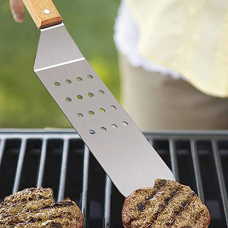 Stainless Steel Bbq Turner Spatula Grill Accessories Griddle Scraper Bbq Spatula With Wooden Handle For Bbq Grills