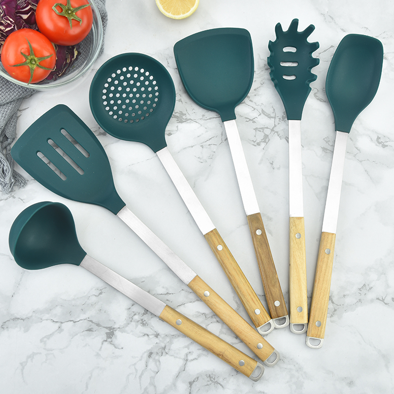 6set wooden handle kitchenware non stick stainless steel kitchen accessories silicone cooking kitchen utensil set