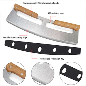 Double Wood Handle Crescent Chopper Blade Cake Tools Stainless Steel Sharp Mezzaluna Knife And Pizza Cutter Rocker