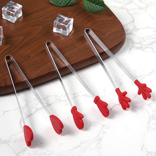 Hot Sale Silicone Mini Clips Salad Serving Bbq Ice Tongs Stainless Steel Handle Utensil Kitchen Tools Hand Shape Food Clip