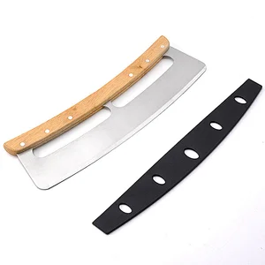 Wood Handle Crescent Chopper Blade Kitchen Accessories Mezzaluna Knife And Pizza Cutter Rocker With Protective Cover