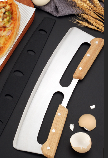 Double Wood Handle Crescent Chopper Blade Cake Tools Stainless Steel Sharp Mezzaluna Knife And Pizza Cutter Rocker