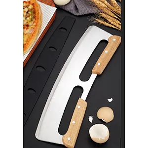 Double Wood Handle Crescent Chopper Blade Cake Tools Stainless Steel Sharp Mezzaluna Knife And Pizza Cutter Rocker