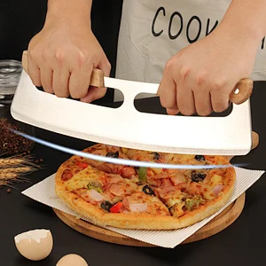 Double Wood Handle Crescent Chopper Blade Cake Tools Stainless Steel Sharp Mezzaluna Knife And Pizza Cutter Rocker