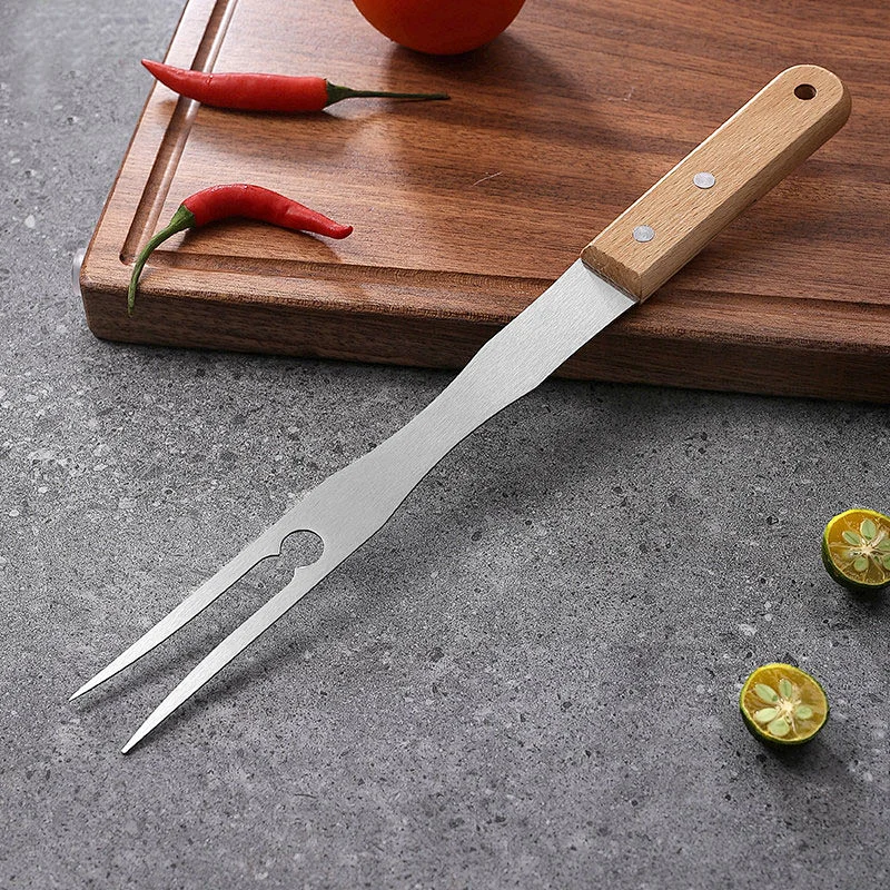 Hot Selling Stainless Steel Kitchen Fork bbq skewersl Barbecue grill Fork Grill Tools Wooden Handle BBQ Fork