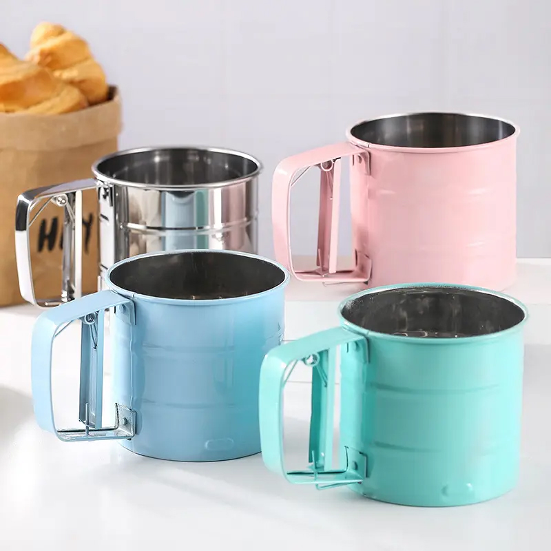 Bakeware Baking Flour Sieve Cup Stainless Steel Handheld Mesh Sieve Cup Cake Baking Tools Flour Sifter Manual Press Flour Sieve