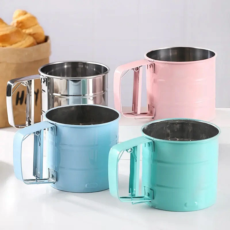 Bakeware Baking Flour Sieve Cup Stainless Steel Handheld Mesh Sieve Cup Cake Baking Tools Flour Sifter Manual Press Flour Sieve