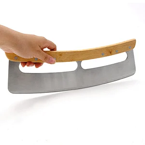 Wood Handle Crescent Chopper Blade Kitchen Accessories Mezzaluna Knife And Pizza Cutter Rocker With Protective Cover