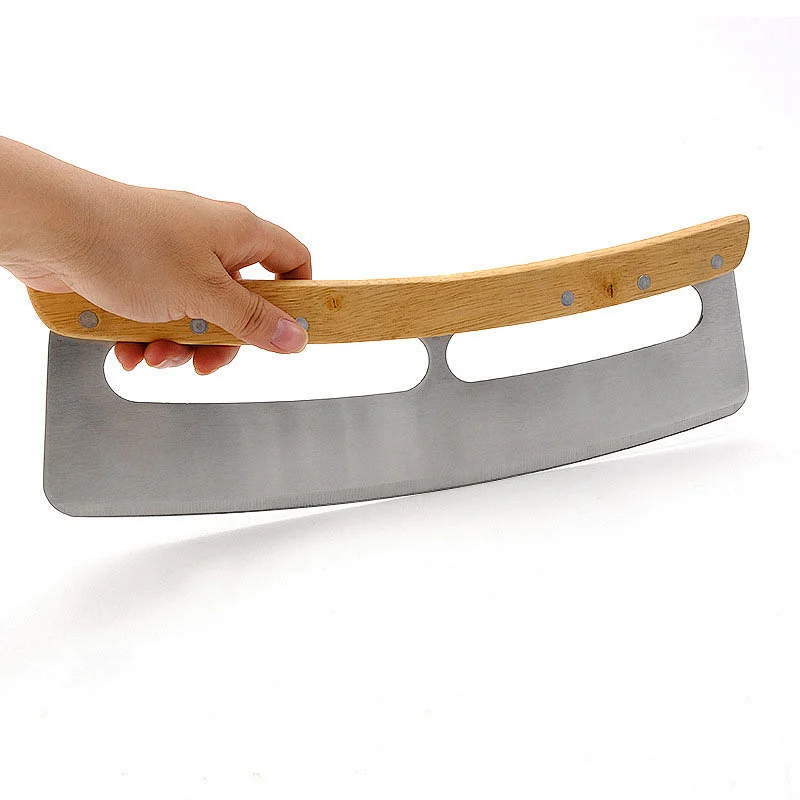 Wood Handle Crescent Chopper Blade Kitchen Accessories Mezzaluna Knife And Pizza Cutter Rocker With Protective Cover