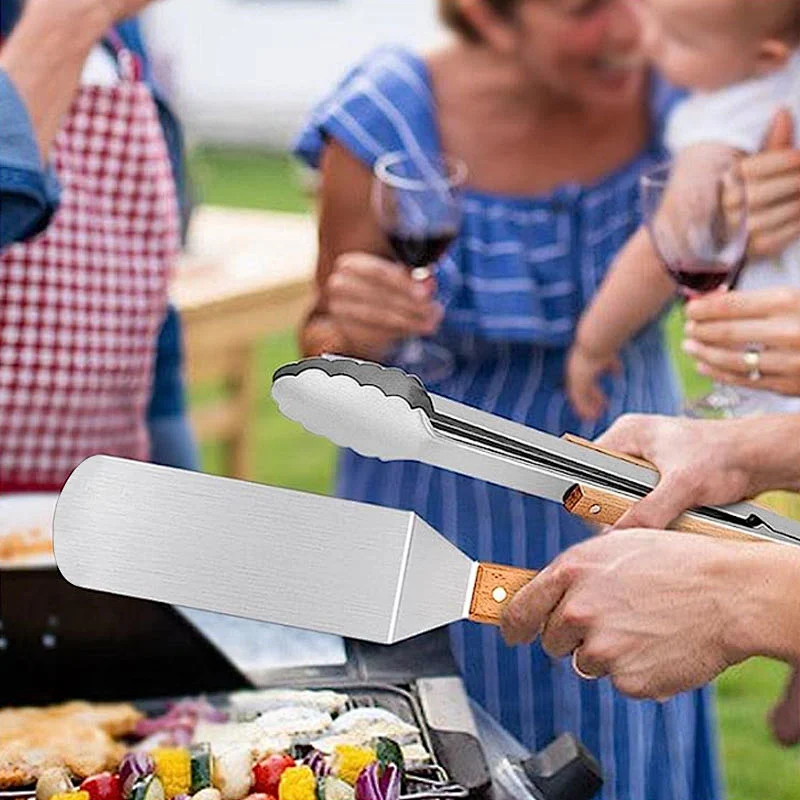 Kitchen Turner Scraper Stainless Steel Wood Handle Griddle Spatula Bbq Grill Turner Bbq Accessories Pancake Burgers Camping
