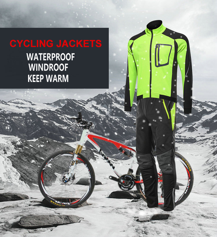 Factory Customize Winter Thermal Windpoof Men Cycling Jacket set Fleece Warm Thermal Bike Jacket with pant Bike jacket pant suit
