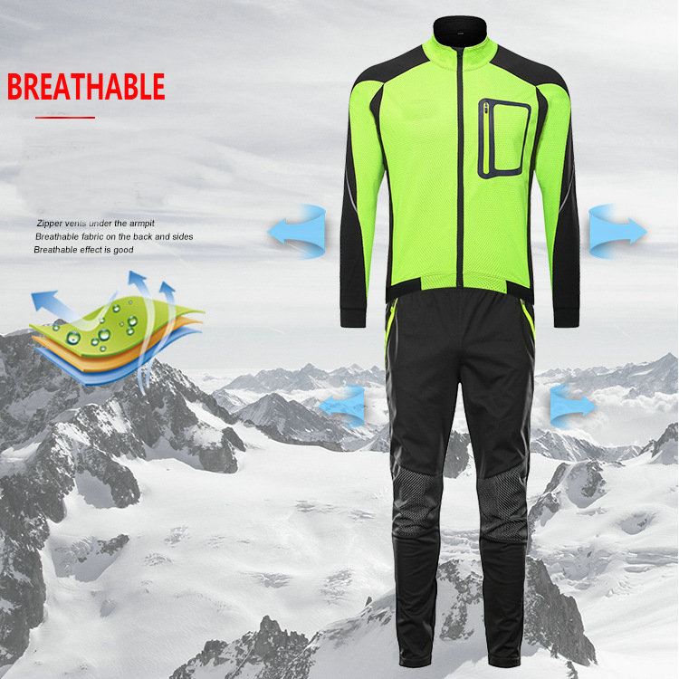 Factory Customize Winter Thermal Windpoof Men Cycling Jacket set Fleece Warm Thermal Bike Jacket with pant Bike jacket pant suit