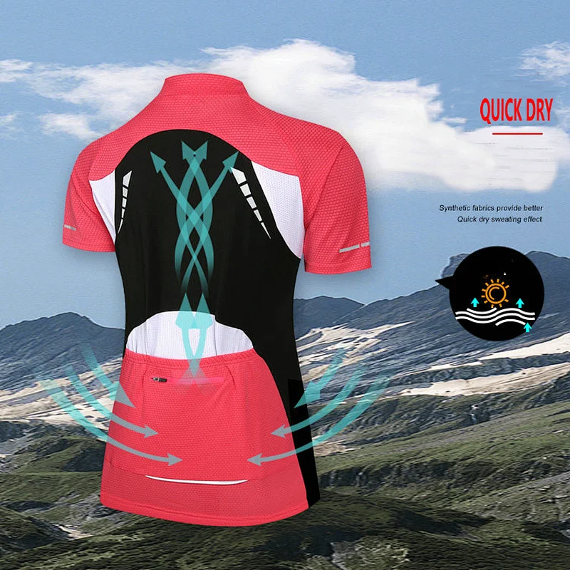 Factory Summer Moisture Wicking Quick Dry Women Cycling Jersey Custom Cycling Shirt Short Sleeves Girls Bike Shirt with Rear Pocket