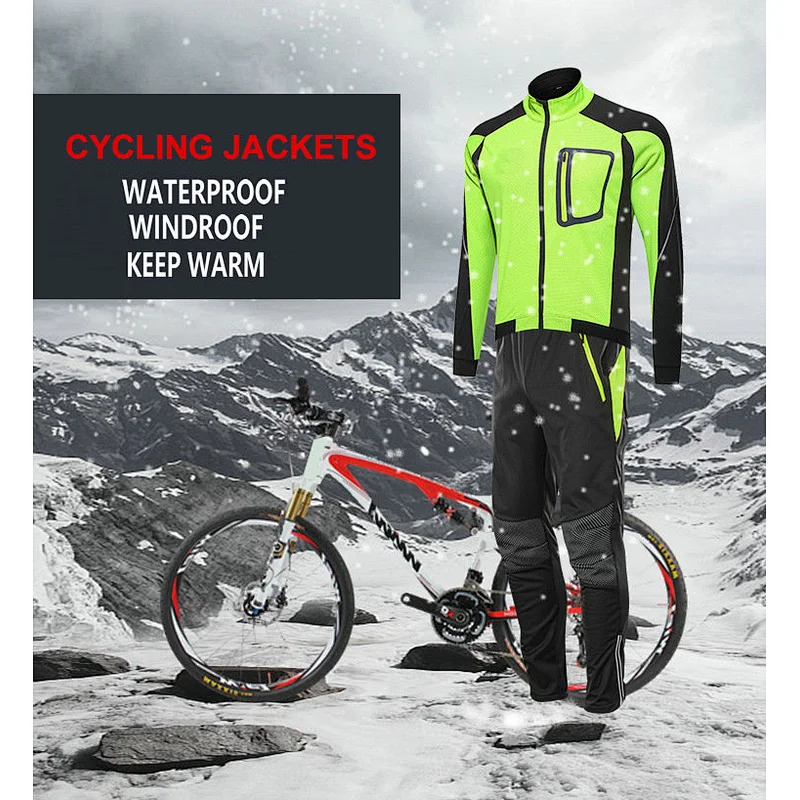 Factory Customize Winter Thermal Windpoof Men Cycling Jacket set Fleece Warm Thermal Bike Jacket with pant Bike jacket pant suit Winter cycling wear