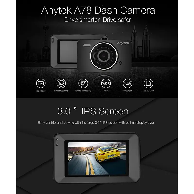 Intelligent Car Dash Cam A78 Hidden HD Video 3.0inch IPS Full Screen Dual Dash Cam Support Max 32GB TF Card