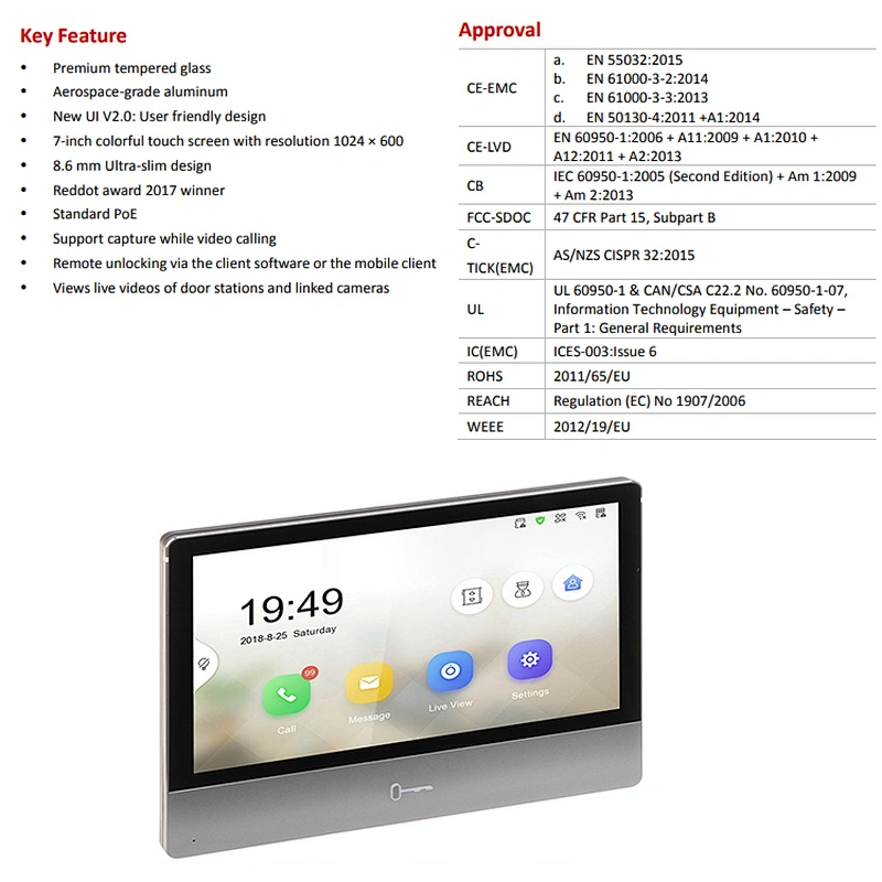 Original HK 7-inch colorful IPS LCD Touch Screen WIFI POE IP Video Intercom Network Indoor Station DS-KH8350-TE1