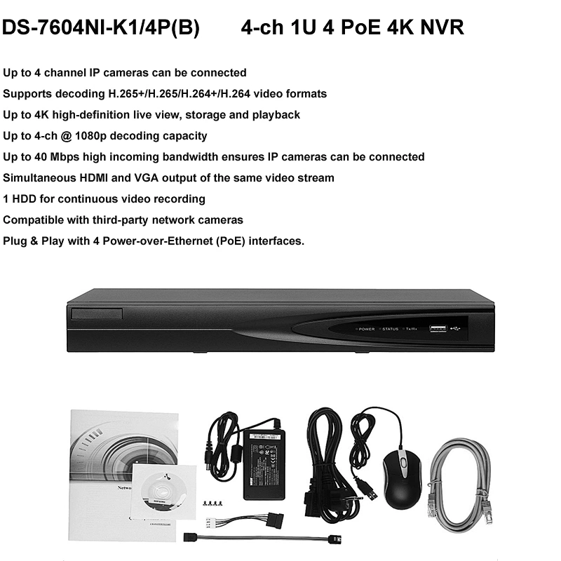 Original 4CH  POE H.265 DS-7604NI-K1/4P X1 Home Camera 4MP DS-2CD2043G0-I Security Camera System Kit