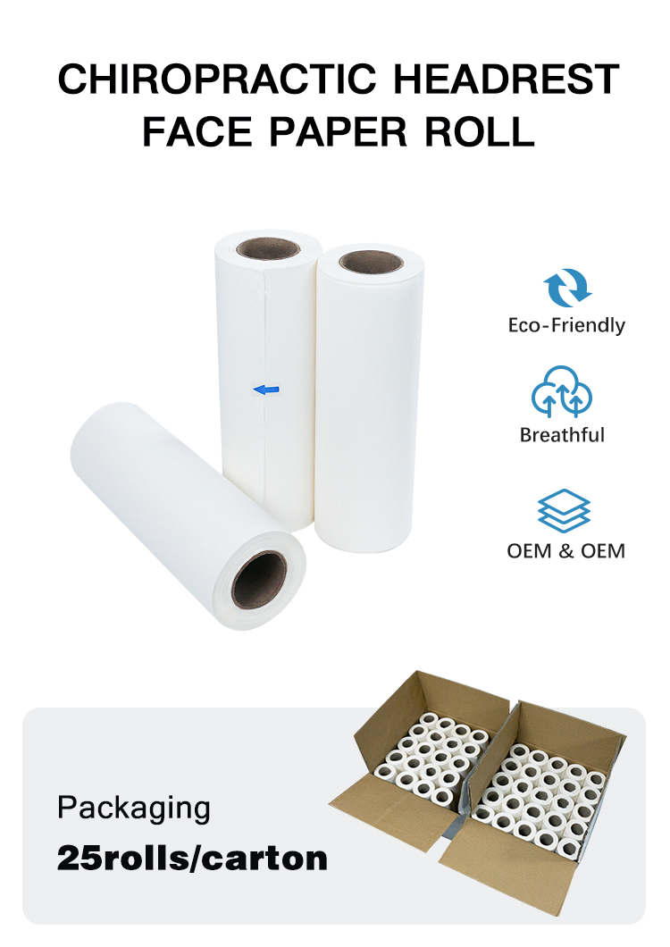 Chiropractic headrest face paper roll. Eco-friendly, breathable, provide OEM&ODM services. Packing: 25 rolls/carton.
